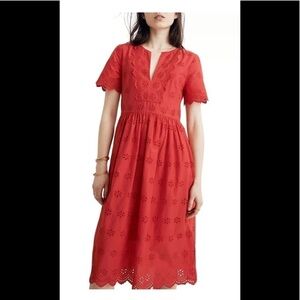 MADEWELL Scalloped Eyelet Midi Dress Short Sleeve Prairie Red Cotton